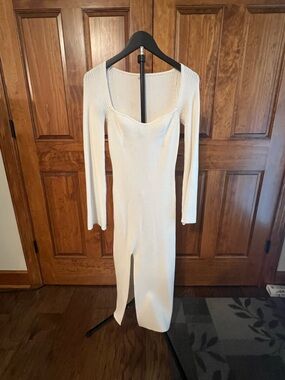 Cream Ribbed Long-Sleeve Midi Dress with Front Slit